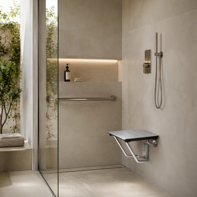 Asiento abatible con pata a pared